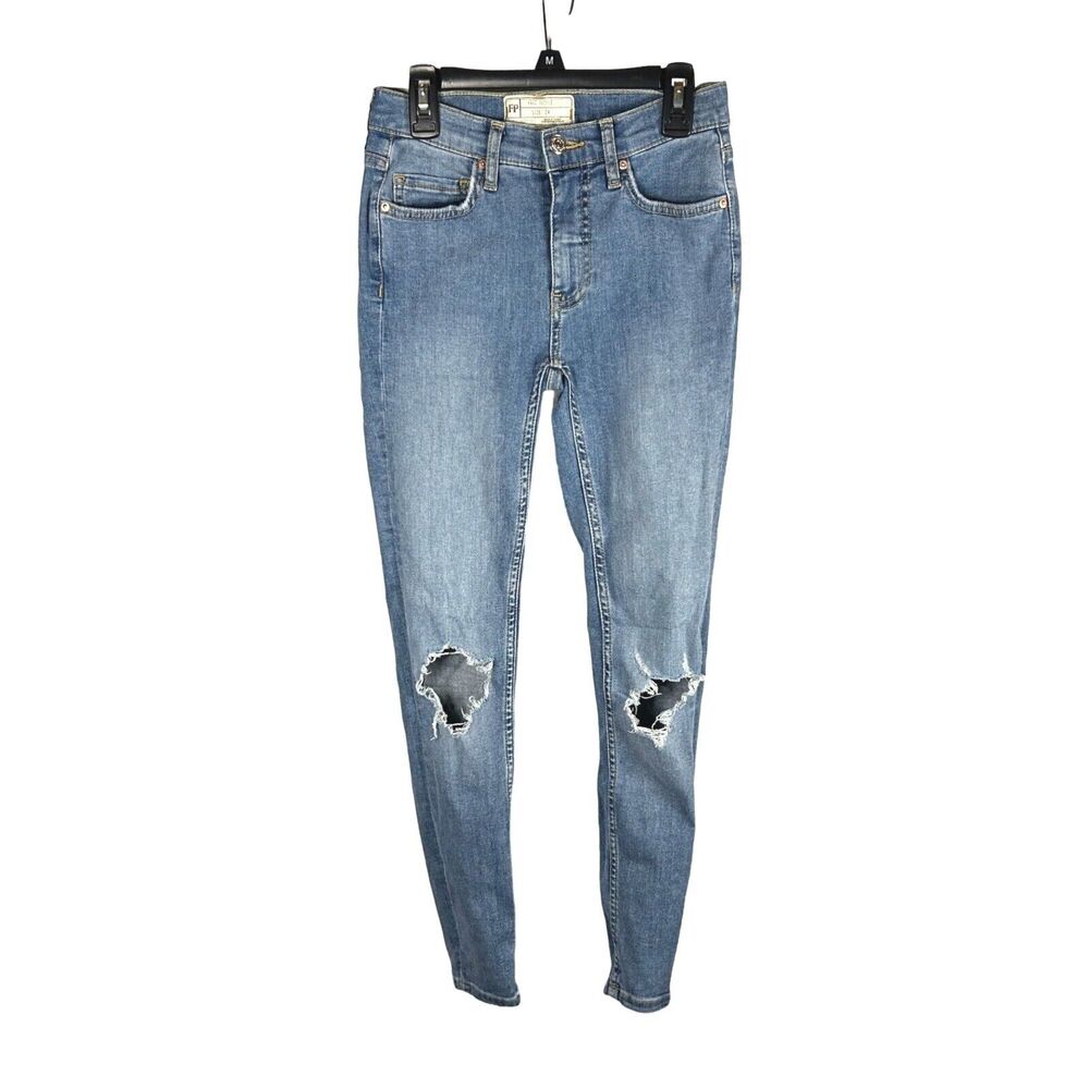 Free People Size 24 Busted Knee Skinny Jean Mid Rise Distressed Boho School Blue